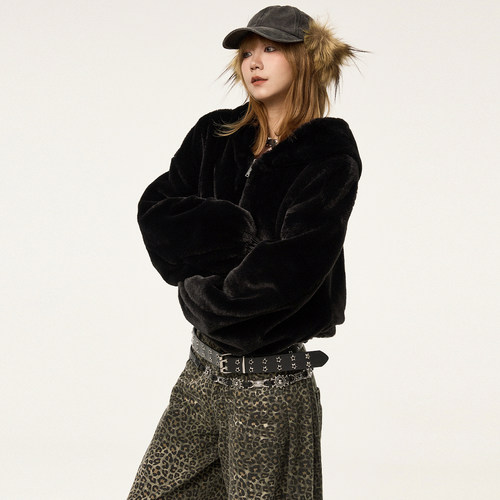 VCR STUDIO一衣两穿机车皮衣兔毛皮草连帽短外套双面设计感秋冬女 - 图2