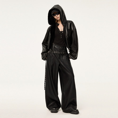 VCR STUDIO一衣两穿机车皮衣兔毛皮草连帽短外套双面设计感秋冬女 - 图1