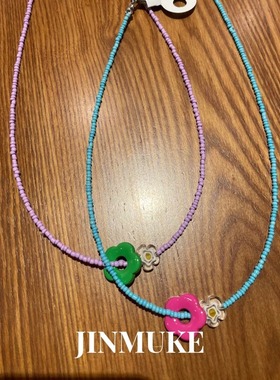 JINMUKE韩国进口首饰品串珠花朵撞色项链锁骨链新品