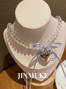 JINMUKE韩国进口首饰品爱心串珠蝴蝶结飘带透明项链女小众甜酷新