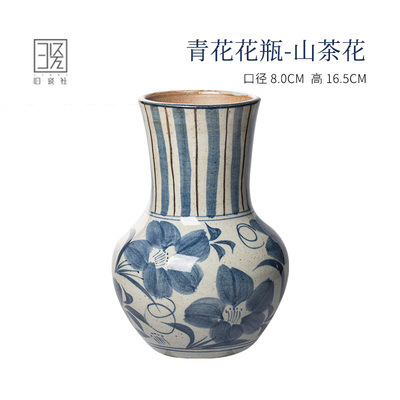 粗陶复古中号长颈花瓶手绘青花禅意插花花器中号号摆件客厅装饰-图2