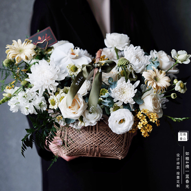 清明节鲜花菊花花束手提花篮黄白菊祭奠祭祀扫墓上海花店同城配送