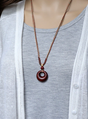 紫檀木吊坠平安扣毛衣链