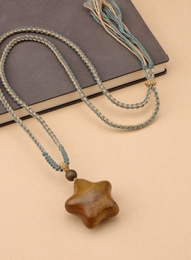 【幸运星】天然绿檀木项链可调节星星月亮吊坠复古文艺情侣毛衣链