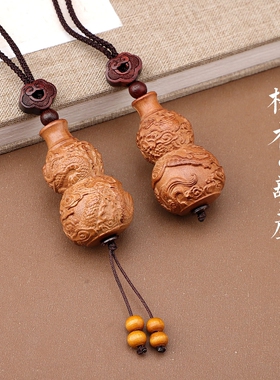 桃木龙盘葫芦毛衣链长款复古木质雕刻中式项链吊坠配饰女吉祥挂饰