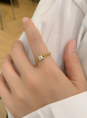 欧美时尚新款小众设计链条式锆石戒指钛钢镀18K金指环时尚ins个性