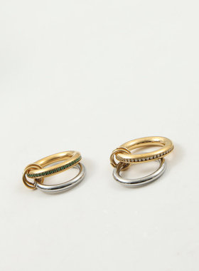 欧美时尚跨境百搭奢华双色拼接圆环镶钻戒指钛钢镀18K金指环食指