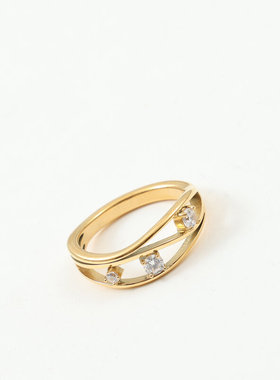 日韩时尚新款小众设计波浪曲线镶钻钛钢镀18K金小细钻戒指指环