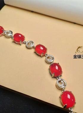 本命年925银镶玉髓手链大红阳绿黄蓝色玛瑙玉石手串手腕饰品婆婆