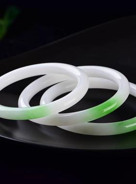 本命年新疆和田白玉手镯翠青色丝玉细圆条玉镯子女款手饰礼物