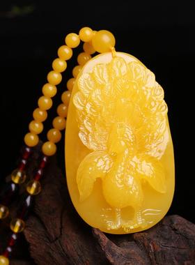 本命年蜜蜡大孔雀吊坠雕刻凤凰款男女款毛衣链圆珠项链琥珀挂件坠