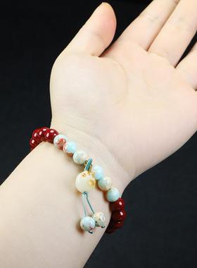 本命年时尚古风朱砂手串佛珠手持晶体砂女款莲花手链礼物