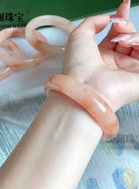 本命年丝玉手镯俏色桃花酿扁条玉石镯子女款玉镯手饰送闺蜜礼物