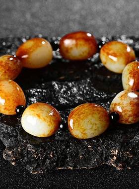 本命年国检证书新疆和田玉籽料手链原石原皮手串红皮羊脂籽玉礼物