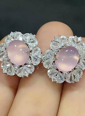 本命年925银针镶嵌绿玉髓女款耳钉粉玛瑙时尚大气玉石耳环礼物