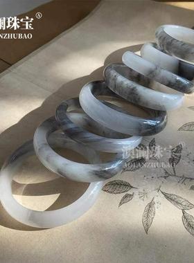 本命年新疆戈壁丝玉青花手镯女士水墨丹青花中宽女士手镯古风玉镯