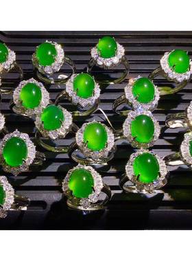 本命年925银豪华绿玉髓戒指冰种白玉髓起荧光复古石翡翠色指圈礼