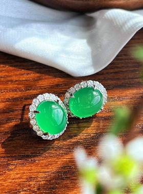 本命年简约起光绿玉髓蛋面耳钉百搭绿色玉石玛瑙女耳坠饰品小灯泡