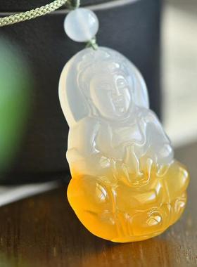 本命年好玛瑙玉髓平安扣吊坠树叶观音佛公挂件项链俏色绿色玉髓礼
