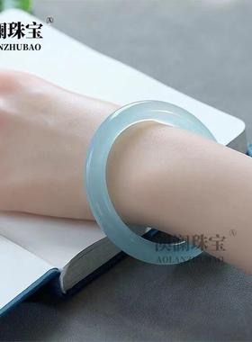 本命年高冰天青冻胖圆条玉髓手镯时尚款天空蓝玛瑙玉髓玉石手环礼