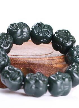 本命年和田玉手串男青玉十八罗汉手串双面雕刻佛头手链玉石佛珠念