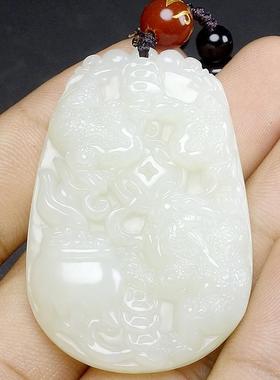 本命年新疆和田玉蟾吊坠精雕和田玉三蟾献宝玉坠配证礼物