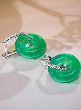 本命年耳环银镶嵌冰种绿玉髓平安扣耳坠玛瑙玉石国风耳环媲美翡翠