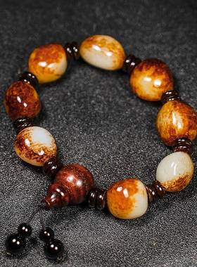 本命年新疆和田玉籽料原石手链黑皮红沁枣红皮男女玉石礼物