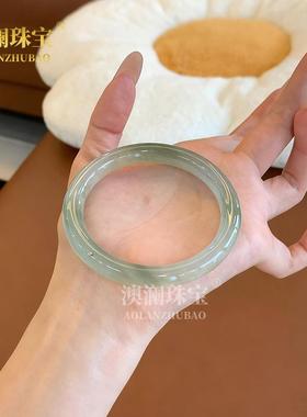 本命年新疆丝玉天山翠手镯圆条半山半水冰糯种飘花翡翠色扁条玉镯