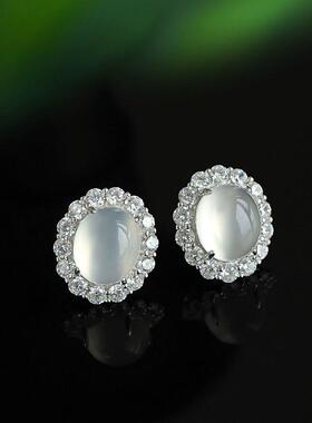 本命年925银针镶嵌冰种白玉髓新中式耳钉绿玛瑙简约款玉石耳环礼