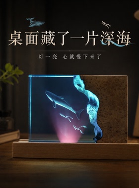 纯手工杉木蓝鲸潜水员海洋风桌面摆件床头氛围小夜灯送人生日礼物