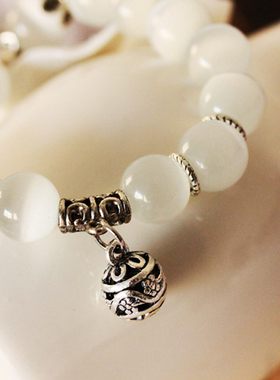 天然猫眼石手链女水晶单层串珠手串复古玲珑球手饰