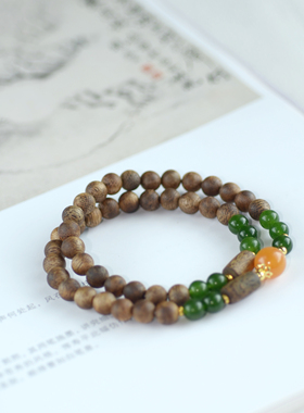 「青隐」原创国风设计天然沉香碧玉平替绿玉髓手链新中式双圈手链