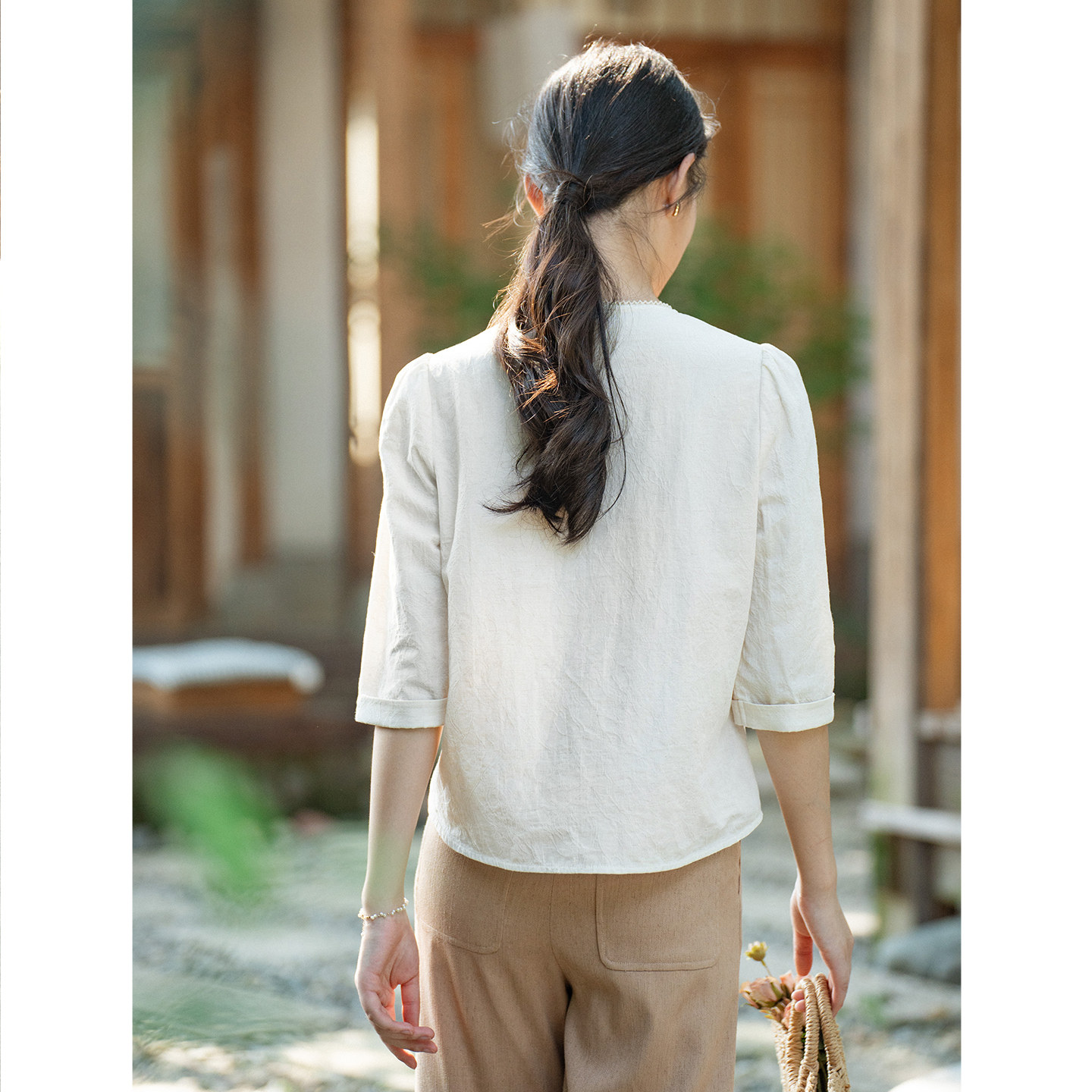 纻衣米杏色提花棉新中式文艺衬衫女2025秋装新品宽松通勤百搭上衣,淘宝优惠券,粉丝福利购,淘宝优惠卷