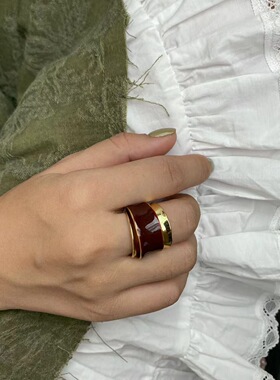 阿水同款美拉德巧克力高级酒红色珐琅釉双开口双层戒指设计感指环