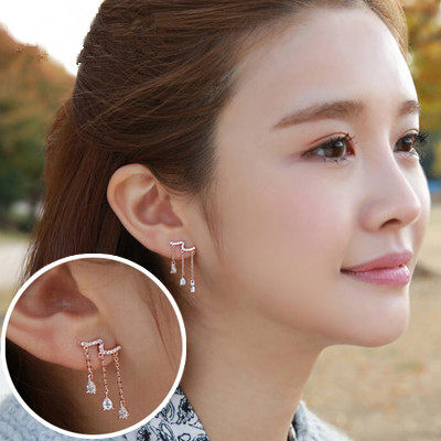 韩国明星刘仁娜同款 925纯银珍珠耳钉女耳环水滴流苏长款锆石耳坠 - 图1