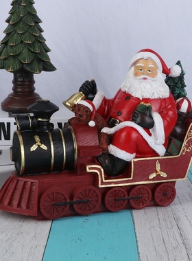 圣诞老人骑木马开火车装饰摆件