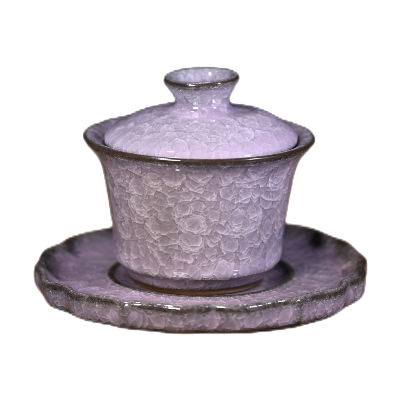 中式高端悬停三才盖碗复古紫色冰片马蹄茶碗冰裂纹主人杯功夫茶具 - 图3