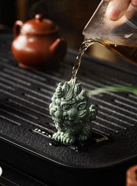 国风青砂石雕刻瑞兽麒麟招财鱼缸造景家居创意摆件复古国潮精品