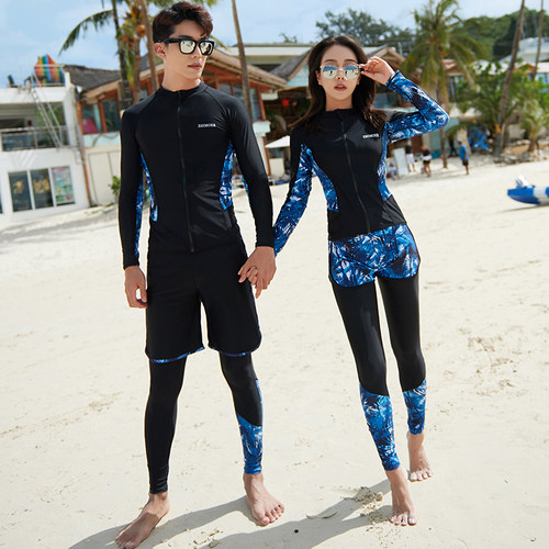 韩国分体潜水服速干拉链防晒水母衣男女长袖游泳衣冲浪服情侣套装 - 图0