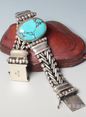 上层精灵的庭院 西洋古董VTG首饰US欧美老银绿松石精工表带手镯