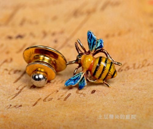 SOLD【上层精灵的庭院】Art Deco古董纯金大黄蜂胸针珐琅金别针 - 图2