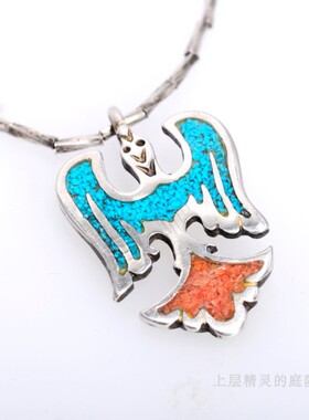 SOLD古董首饰印第安/纳瓦霍Navajo绿松石珊瑚 雷鸟 古董老银吊坠