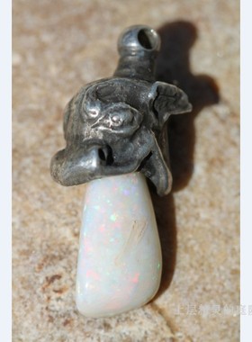 SOLD西洋古董首饰 Art Deco老怀表链挂坠罕见整颗欧泊石像鬼吊坠