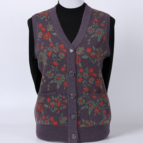 老年人冬装马甲女妈妈毛衣开衫羊毛背心奶奶装马夹坎肩针织衫衣服 - 图0