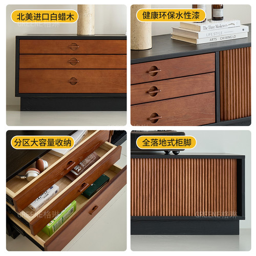 时慢电视柜黑色法式复古落地矮柜小户型客厅实木中古风电视机柜 - 图3