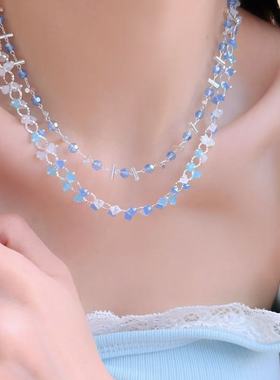 夏日小清新蓝色水晶串珠项链女简