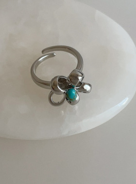 设计感天然石花蕊哑光花朵戒指复古轻奢时尚潮流气质百搭指环戒子