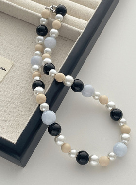 天然蓝色海蓝宝施家珍珠白化石串