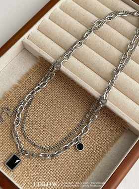 黑色方块拼接项链女男女简约百搭